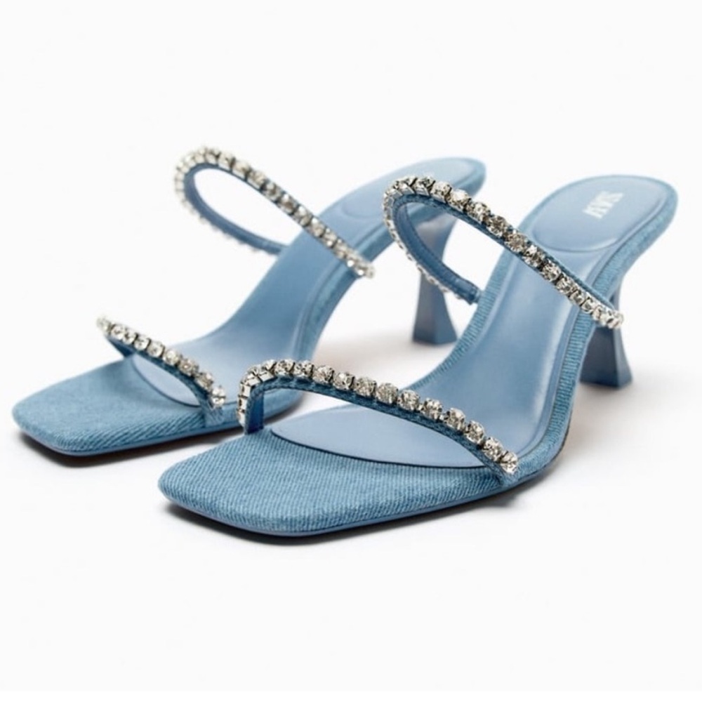Zara denim Blue Rhinestone Slide Strappy square toed  Heels new size 39